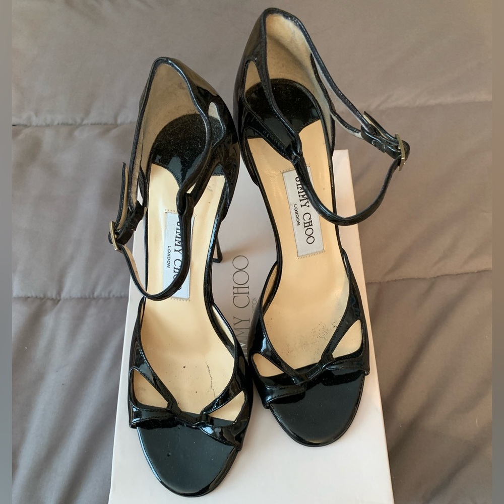 Jimmy Choo Octo Glossy Kid Black Heeled Sandals